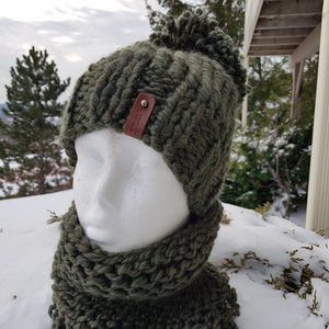 Hand Knitted Hat and Scarf, wool made winter set, army green